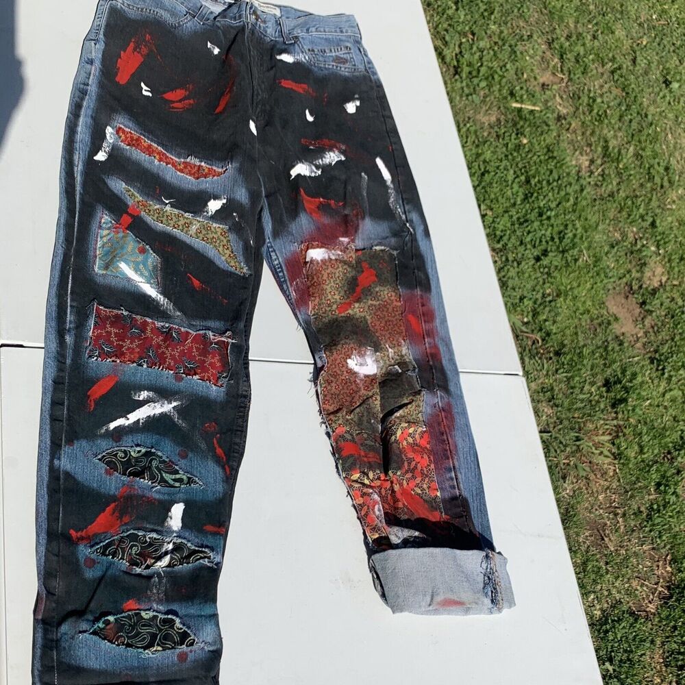 Harley Davidson Custom Patchwork Jeans 32x34 Painted Biker Grunge Art Denim